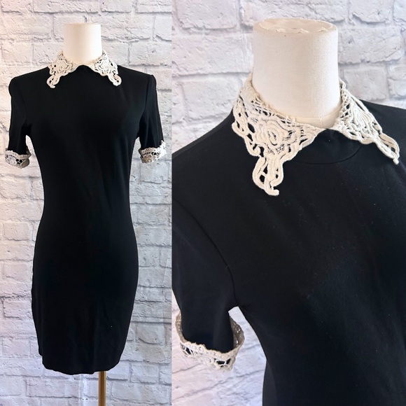 Mind Code Black Dress w Crochet Lace Collar Bodycon Knit Stretch Garden Botanist - Picture 3 of 12